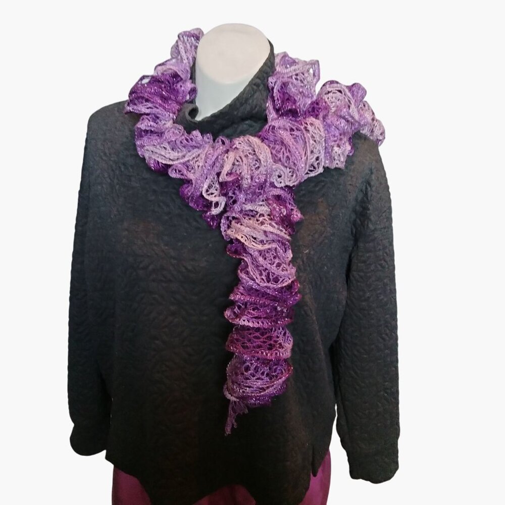 Handmade Purple Ruffle Scarf 4x56 I Lightweight Crochet Lace Boho Festival
